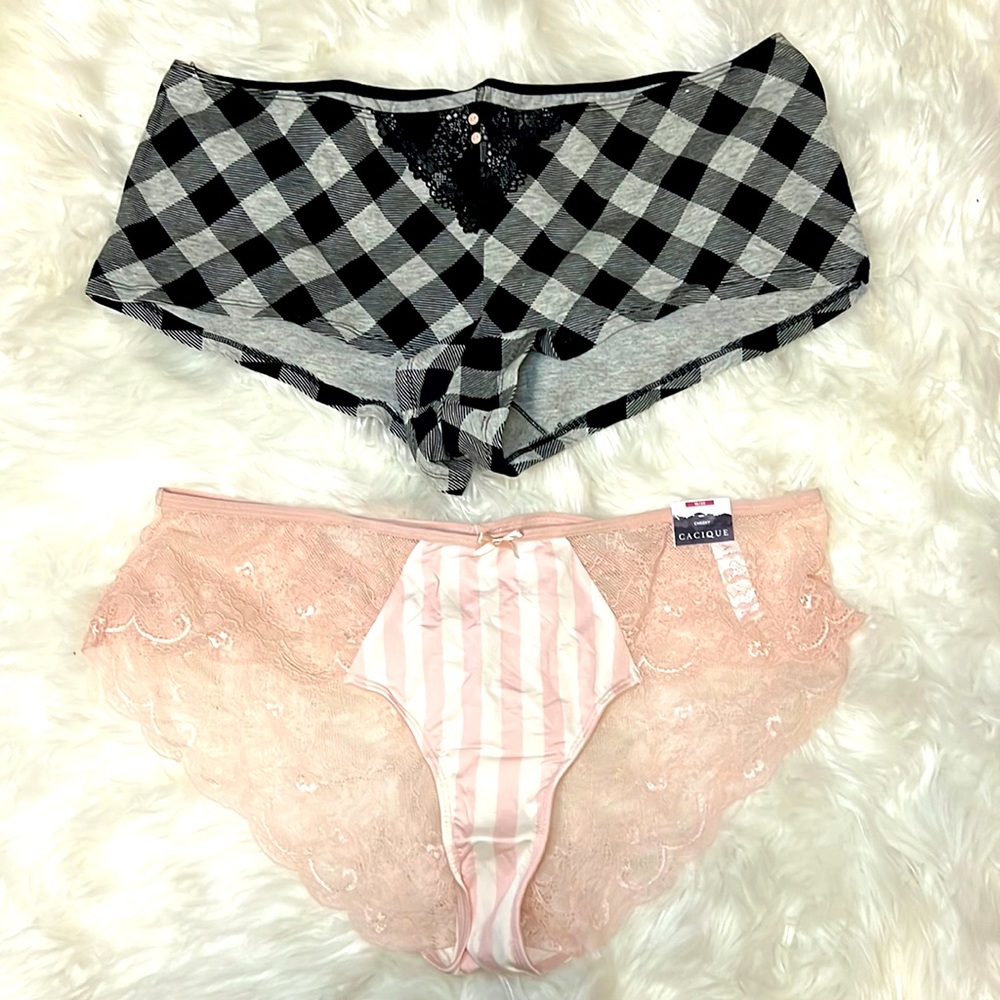 2 pair Cacique panties - pink lace cheeky & plaid boyshort